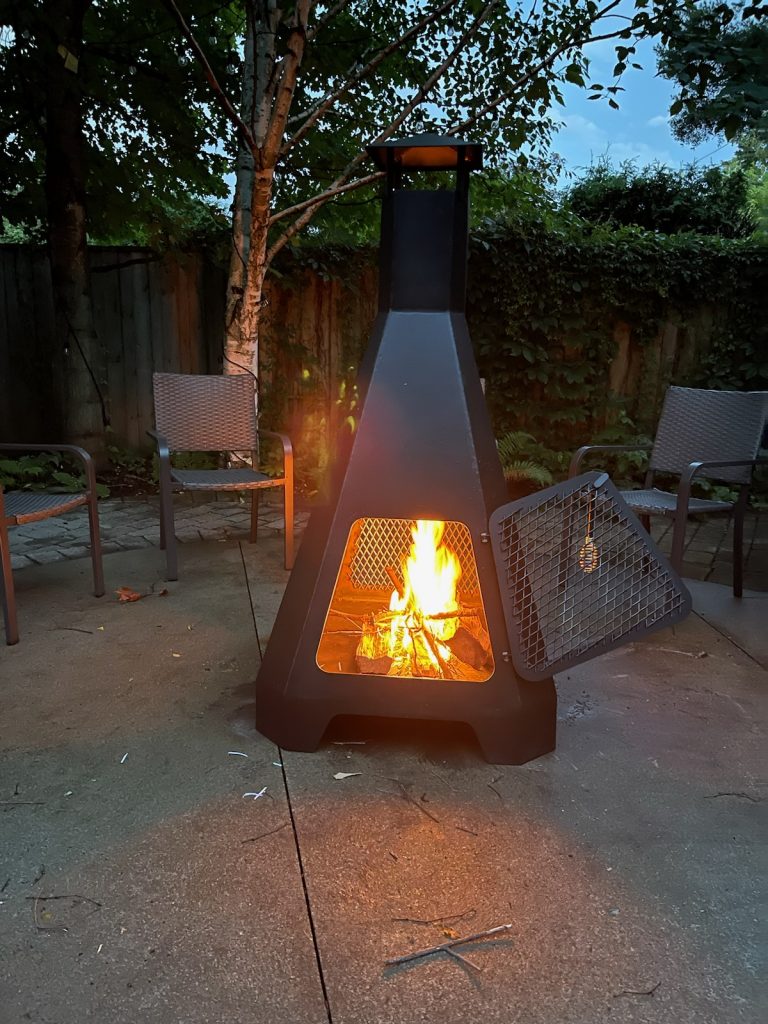 Chiminea with fire burning inside